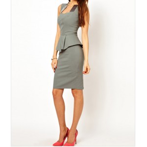 Stylish Square Neck Color Matching Sleeveless Peplum Dress For Women Gray